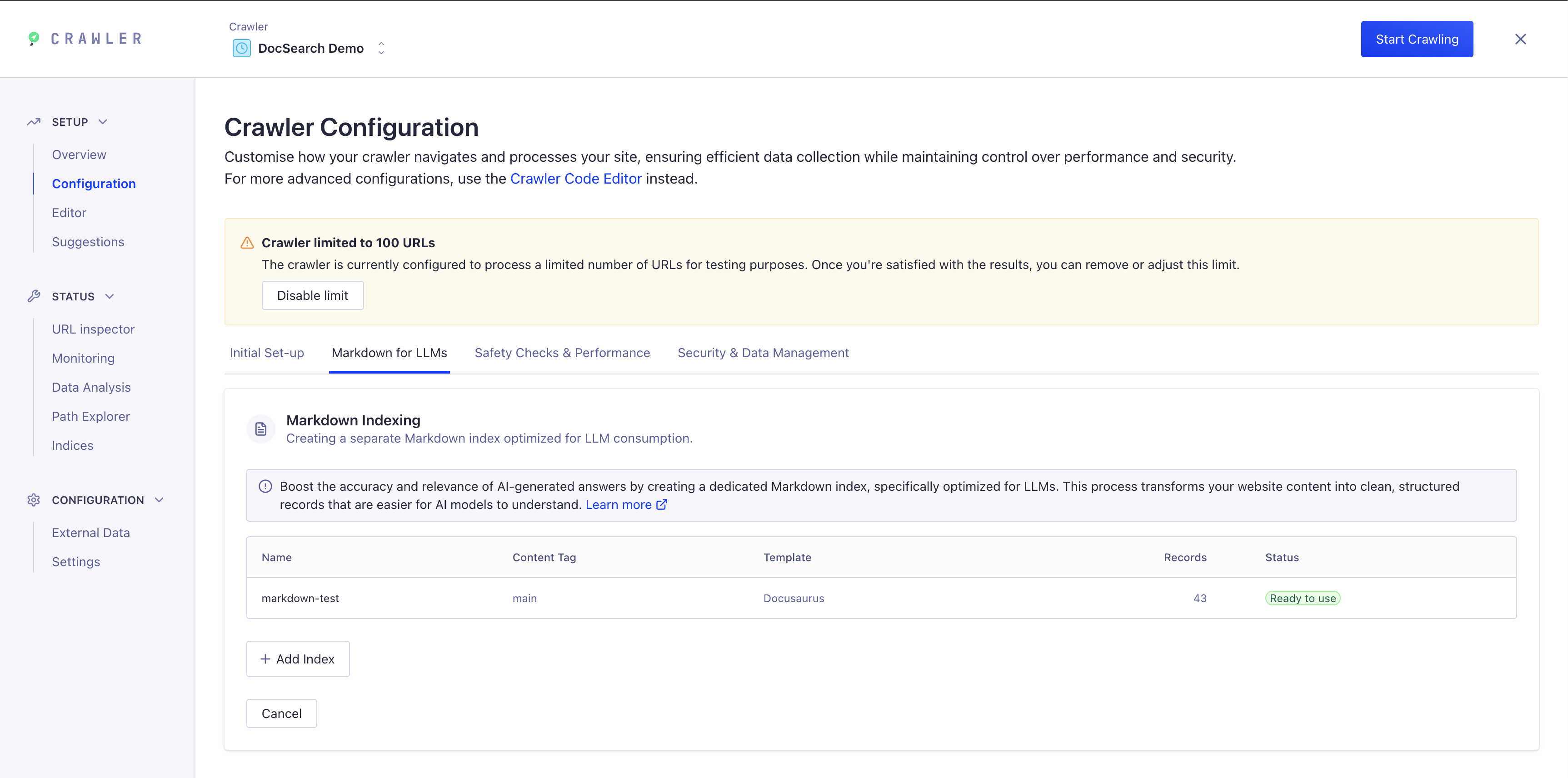 Configuración de Crawler - Markdown para LLMs