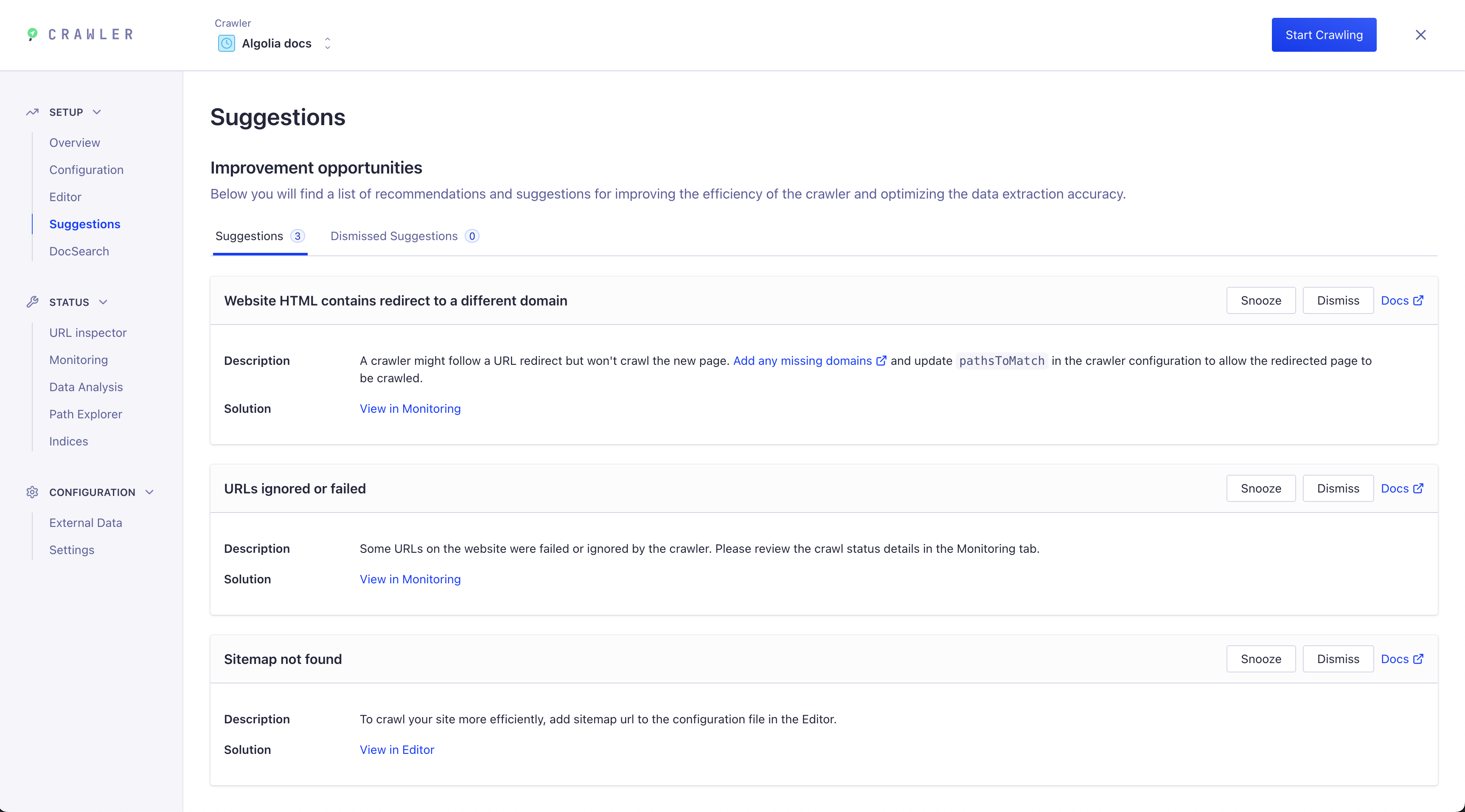 Algolia Crawler Suggestions Tab